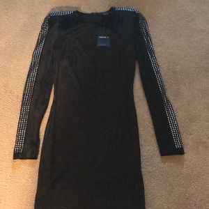 Shoulder padded long sleeve studded velvet dress